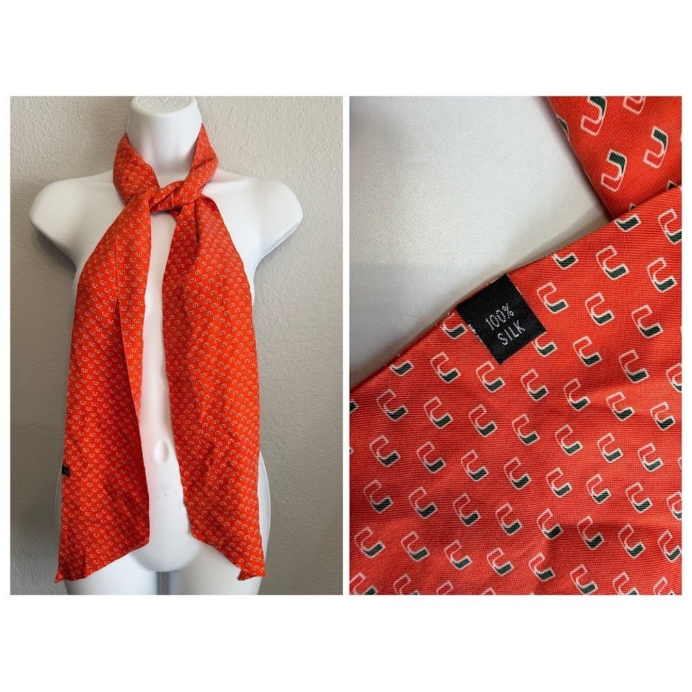 Vintage University of Miami 100% Silk Scarf Orange AOP UM Hurricanes Logo 68x5